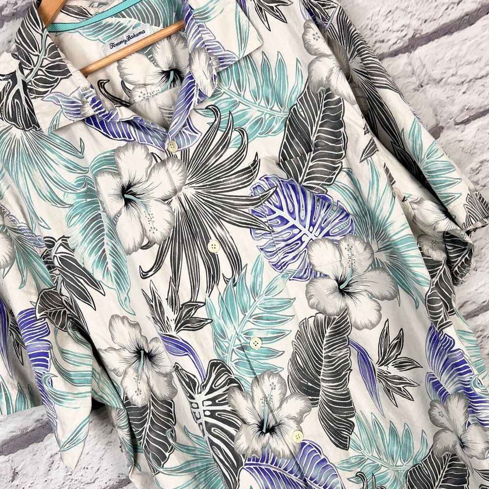 Tommy Bahama White Tropical Floral Button-Down Shirt with Teal & Blue Accents